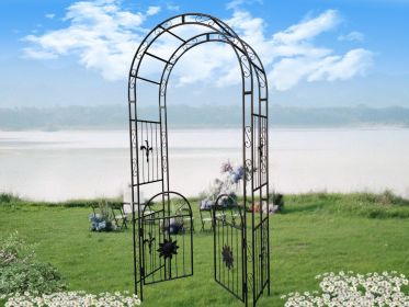Metal Garden Arch With Doors, Arbor Trellis For Climbing Plants, Outdoor Wedding (Color: Black)