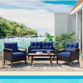4-Piece Garden Furniture, Patio Seating Set, PE Rattan Outdoor Sofa Set, Wood Table And Legs, Brown And Blue (Color: Blue)